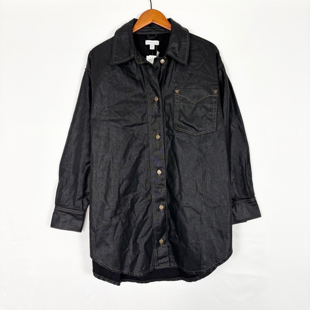 NEW TopShop Coated Oversized Button‎ Up Shirt Womens Black Size 8